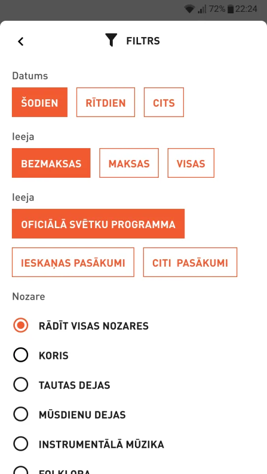 Filters by date, price, programme and discipline