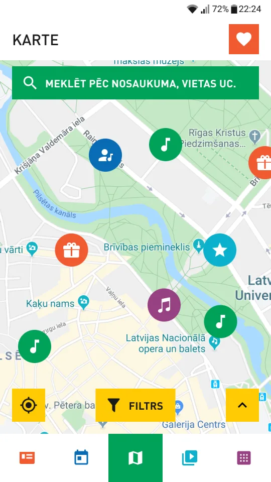 Interactive map with color-coded venue pins