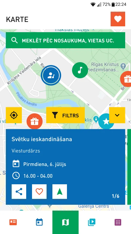 Map with an event card opened for a venue